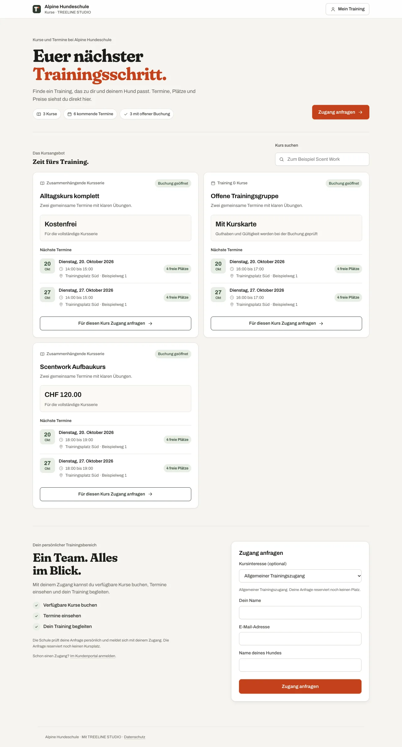 Öffentliches Kursangebot mit Kursserien, freien Plätzen und Zugangsanfrage.