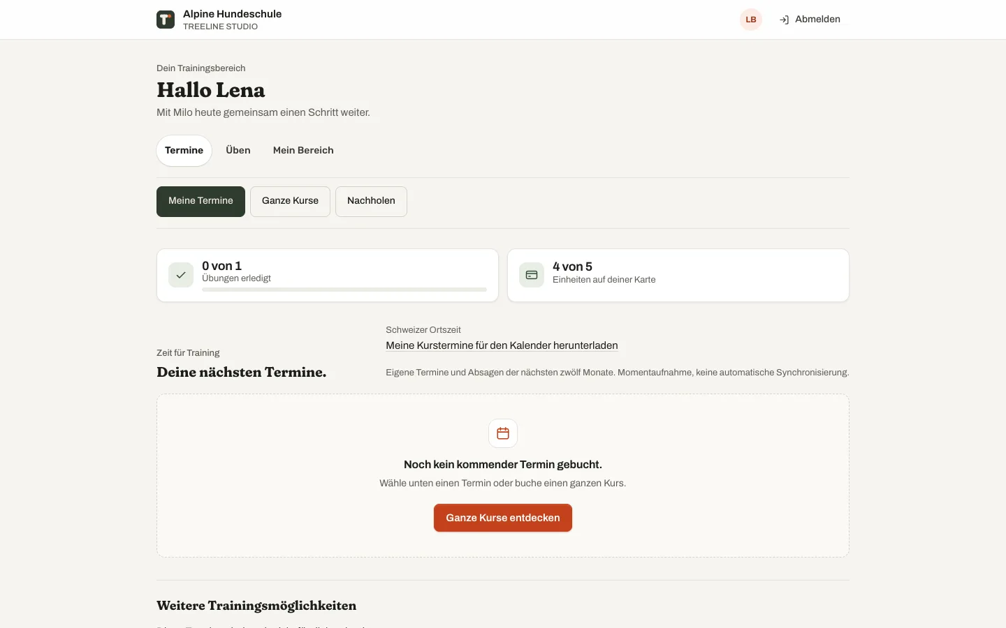 Persönliches Kundenportal mit Übungsfortschritt, Kartenguthaben und Terminbereich.